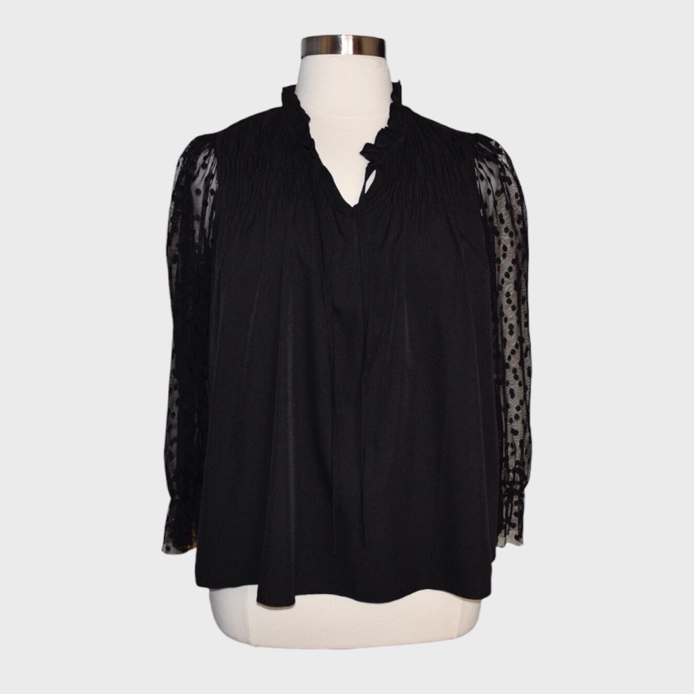 SHEIN Sheer Dot Sleeve Ruffle Neck Blouse